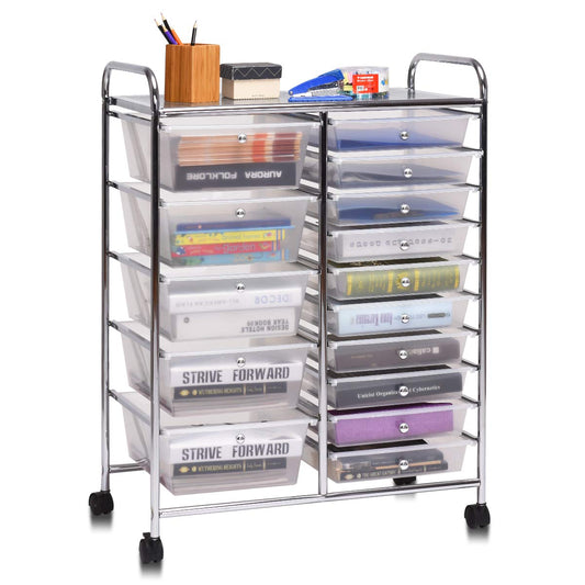 COSTWAY rolling cart with 15 stackable drawers, drawers cart with metal frame and shelf, bathroom trolley storage cart for office, living room, 62.5 x 37 x 87 cm.