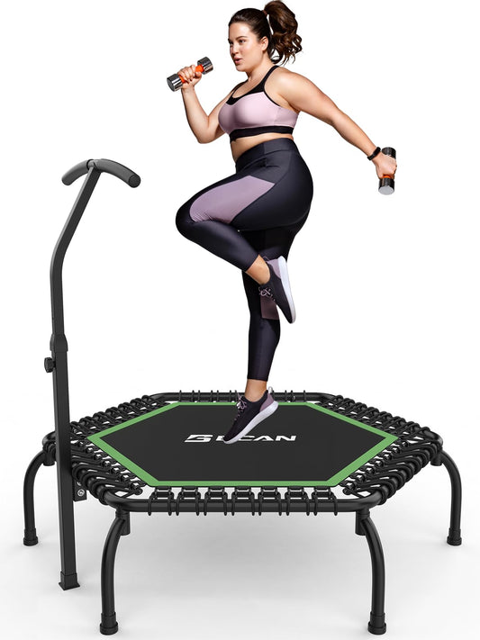 BCAN Fitness Trampoline Indoor Ø 122 cm, Trampoline for Adults up to 250 kg, Ground Trampoline with Adjustable T-Handle & 42 Bungee Cords, Quiet & Low in vibrations.