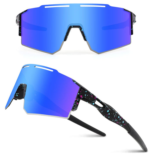 DUDUKING Sunglasses Bike Glasses Men Women, Water Transfer Printing Sport Goggles Cycling Glasses for Outdoor Sports Running Golf UV 400 Protection Baseball Glasses (Blue)