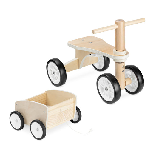 Navaris wooden push bike with trailer - balance bike for children from 18 months - wooden push bike slider - 4 wheels baby bike ride-on toy