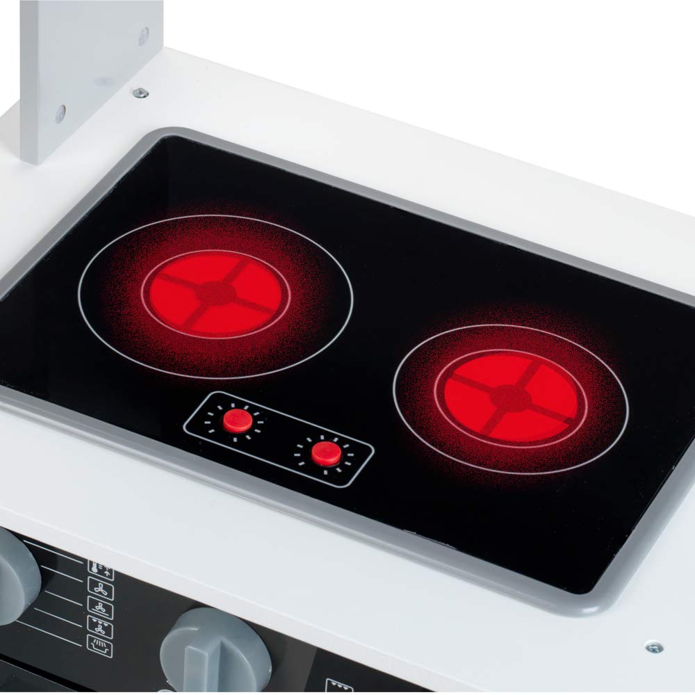 Theo Klein 7199 Miele Kitchen, White wooden kitchen including stove with sound and light, high-quality kitchen accessories made of stainless steel (not heatable) and wood, toy for children ages 3 and up.