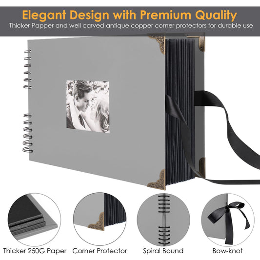 Photo album for self-design, scrapbook with 80 black pages for pasting photos, DIY gift scrapbooking set for baby family anniversary birthday valentine's day wedding with protective cones gray.