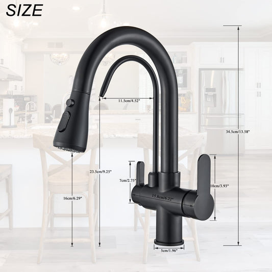 Onyzpily kitchen faucet Pure water High arc High pressure Kitchen tap with pull-out sprayer Extendable tap and 360° swivel Two spray functions Stainless steel Black