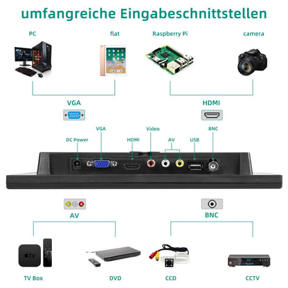 AISHICHEN Mini Monitor, Raspberry Pi Display, Portable Monitor with VGA/HDMI/VGA/HDMI/AV/BNC Port - Support Touch Button for Office/Business/Home Use/Computer (10.1 Inch -1024x600P)