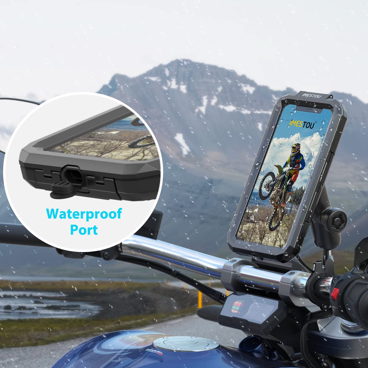 iMESTOU waterproof motorcycle phone mount bike phone holder 1" ball handlebar stem mobile holder anti-theft 720° rotation aluminum base for 5.5"-6.8" cellphones (L)