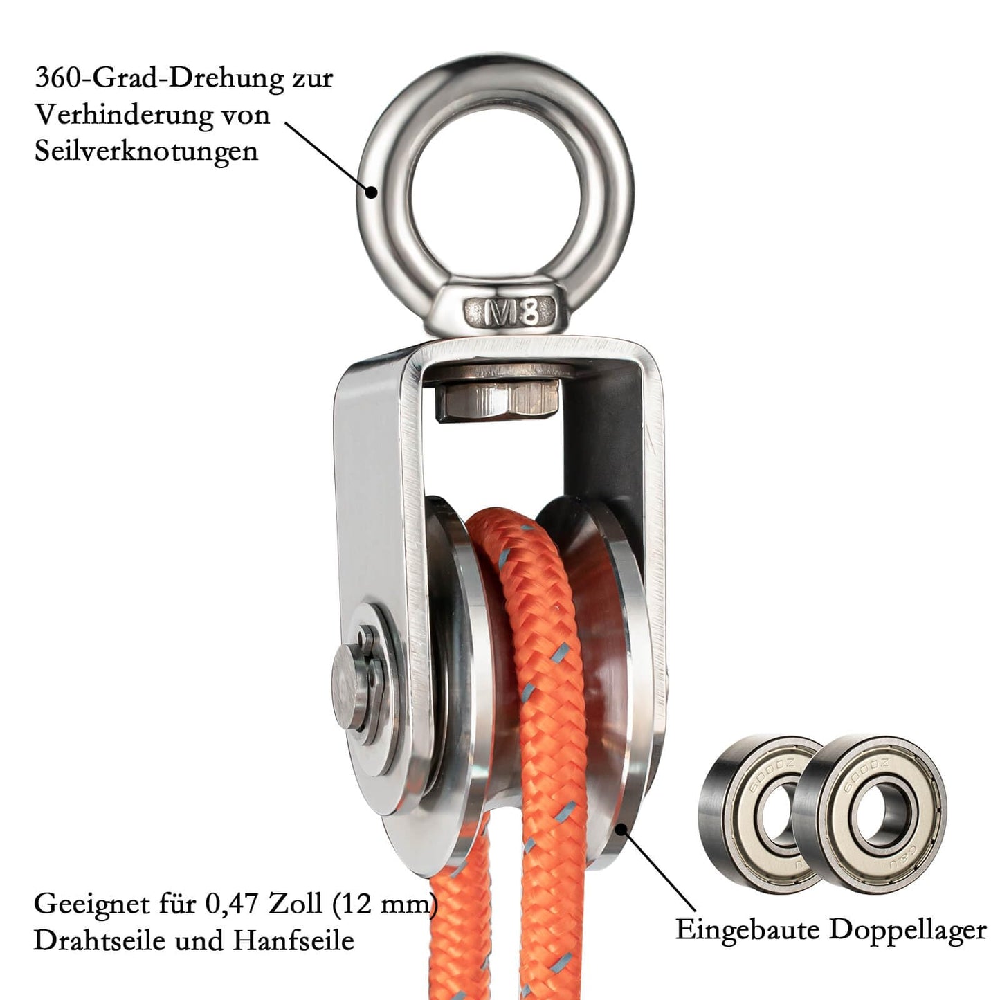 2 pieces of pulley rope, made of stainless steel with 2 ball bearings.