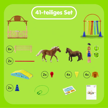 Farm World Pony Agility Starter Set 42481 includes 2 ponies, girl, course & accessories. Combine & kid-friendly designed. Farm toy for kids 3+ years. 41 pieces.