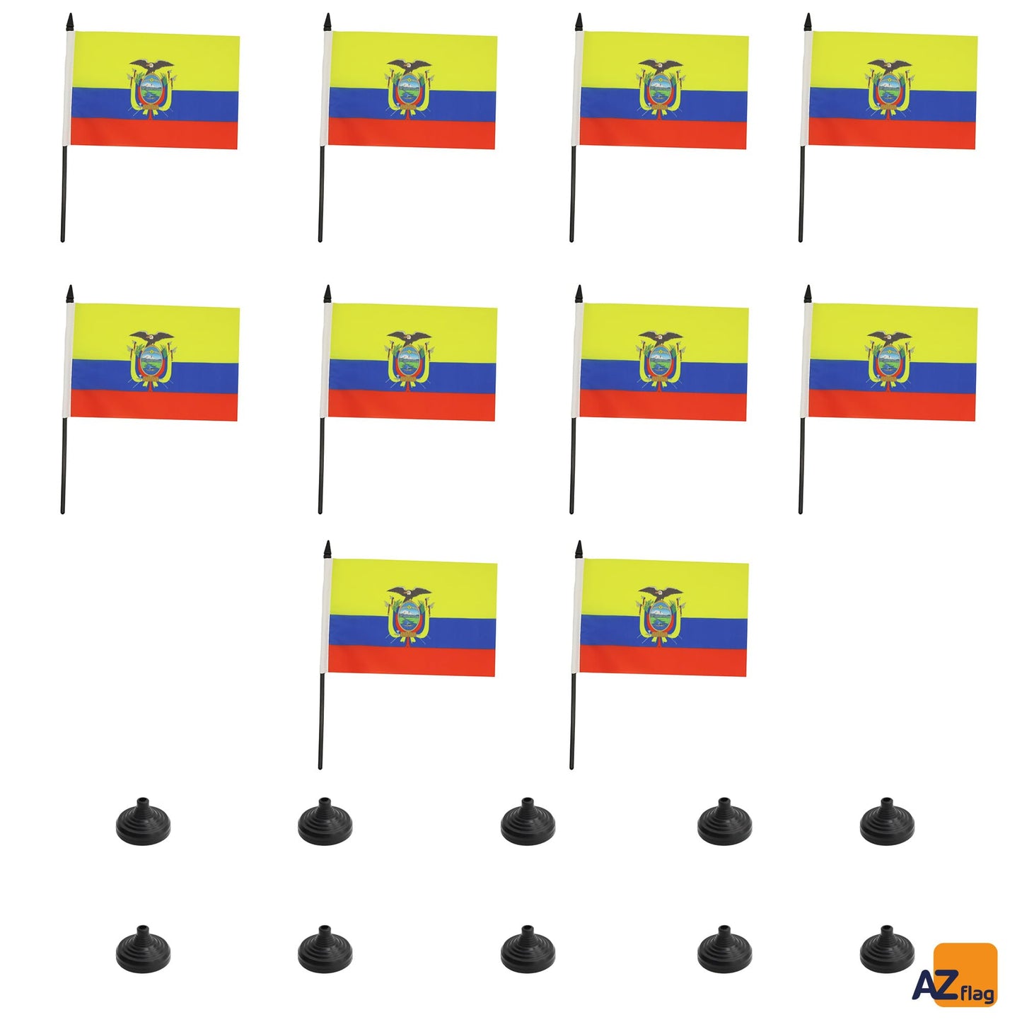 AZ FLAG - Pack of 10 Ecuador Table Flags, 21 x 14 cm – 10 small Ecuadorian Desk Flags, 100% Polyester, with 25 cm flagpole and black plastic base
