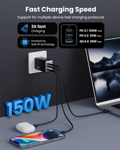 150W USB C charger, 3-port GaN IV Tech USB C power adapter PD+PPS 100W fast charger with laptop charger, multiple USB charger power adapter for MacBook Pro/Air, iPad, iPhone 16/15, Samsung, etc.