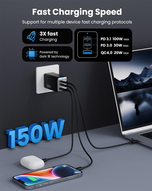 150W USB C charger, 3-port GaN IV Tech USB C power adapter PD+PPS 100W fast charger with laptop charger, multiple USB charger power adapter for MacBook Pro/Air, iPad, iPhone 16/15, Samsung, etc.