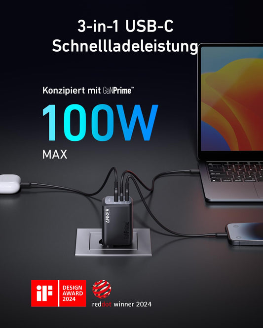 100W USB-C Charger, Anker Prime GaN Adapter, 3-Port PPS Fast Charger, Compact Foldable Design, Compatible with MacBook Pro/Air, Pixelbook, iPad Pro, iPhone 15/Pro, Galaxy S23, Note20, and more