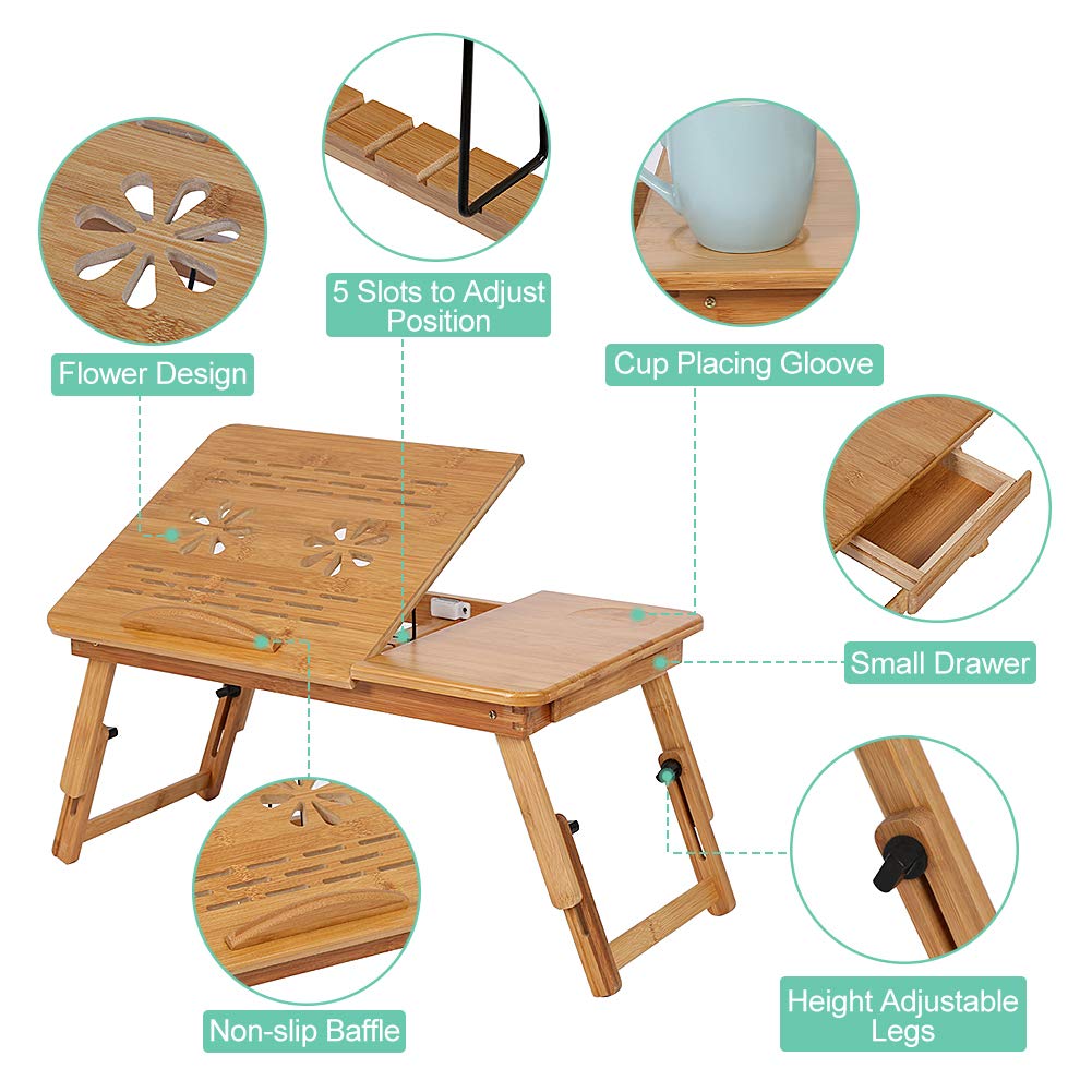 Ejoyous folding bamboo bed table, adjustable 5 tilt angles laptop table notebook table lapdesks with drawer and ventilation slots for school bedroom or office.