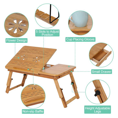Ejoyous folding bamboo bed table, adjustable 5 tilt angles laptop table notebook table lapdesks with drawer and ventilation slots for school bedroom or office.