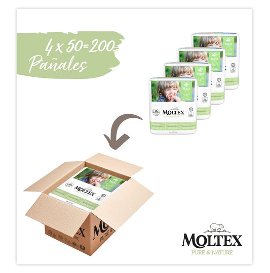 Moltex Pure & Nature 200 white Eco diapers with printed design, Size 4 (9-15 kg), 4 bags of 50 pieces.