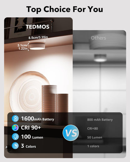 Dimmable LED spot with battery and remote control, 2400mAh USB rechargeable cabinet lighting wireless under cabinet kitchen LED round touch lamp battery operated magnetic adhesive light