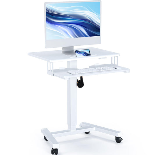 BONTEC Height Adjustable Desk with Keyboard Tray, Mobile Podium, Computer Workstation up to 15 kg, Laptop Sitting or Standing Desk on Wheels, Adjustable Standing Desk, White.