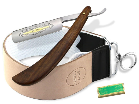Gift shaving set, straight razor set with leather strop and paste from Solingen.