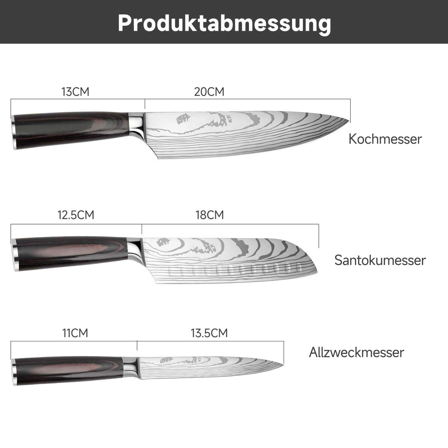 Gustrug knife set kitchen knife set 3 pieces with ergonomic handle, sharp knife set made of high-quality carbon stainless steel with chef's knife, Santoku knife, utility knife.