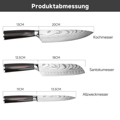 Gustrug knife set kitchen knife set 3 pieces with ergonomic handle, sharp knife set made of high-quality carbon stainless steel with chef's knife, Santoku knife, utility knife.