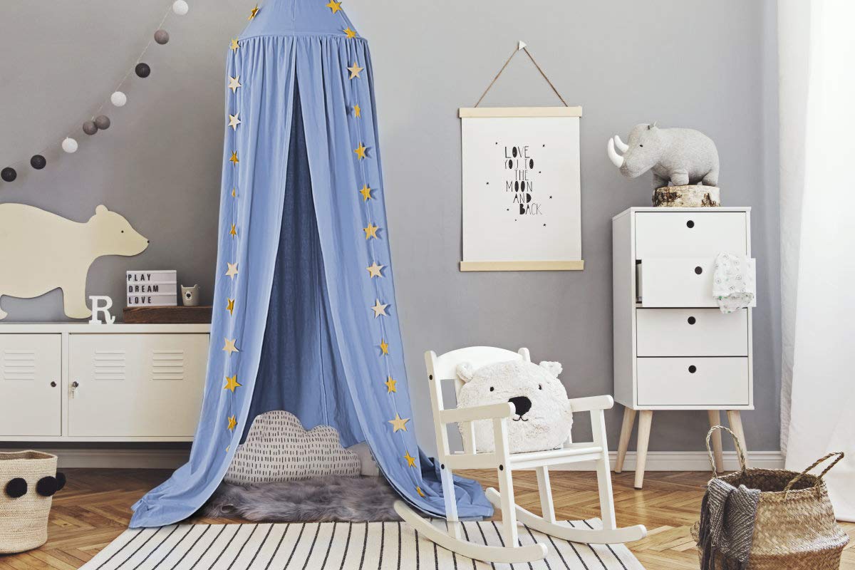 CeeKii Canopy Nursery Bed Canopy, Bed Curtain Baby Room Decor Mosquito Net for Princess Play Tents Baby Bed Bedroom Decoration with Star Garland (Blue)