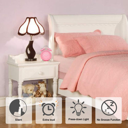 Eachui double bell alarm clock with night light, large 4-inch dial, analog quartz alarm with loud sound, no ticking, silent, battery operated kids alarm clock (pink)
