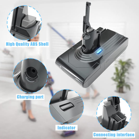 State-of-the-art 21.6V, 4500mAh Li-ion battery replacement for Dyson V8 SV10 vacuum cleaners. Compatible with Dyson V8 Absolute, Fluffy, Animal SV10 models. Comes with 2 filters.