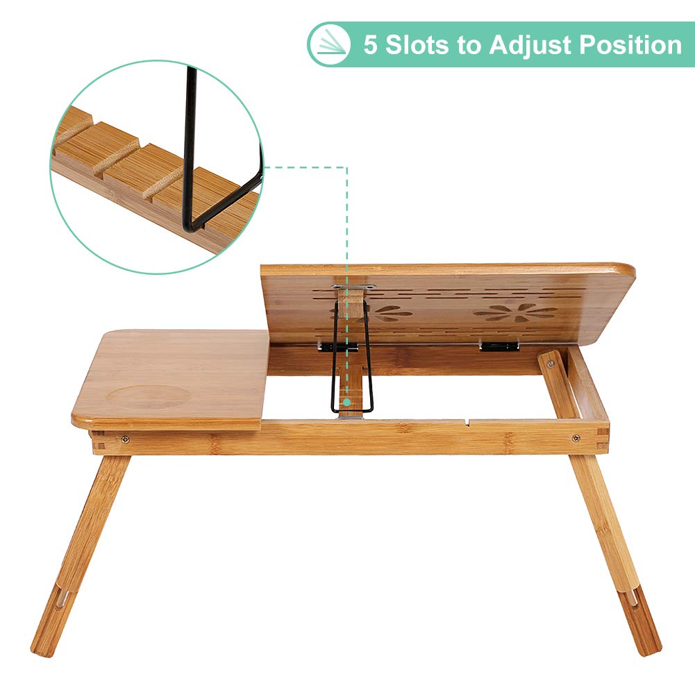 Ejoyous folding bamboo bed table, adjustable 5 tilt angles laptop table notebook table lapdesks with drawer and ventilation slots for school bedroom or office.