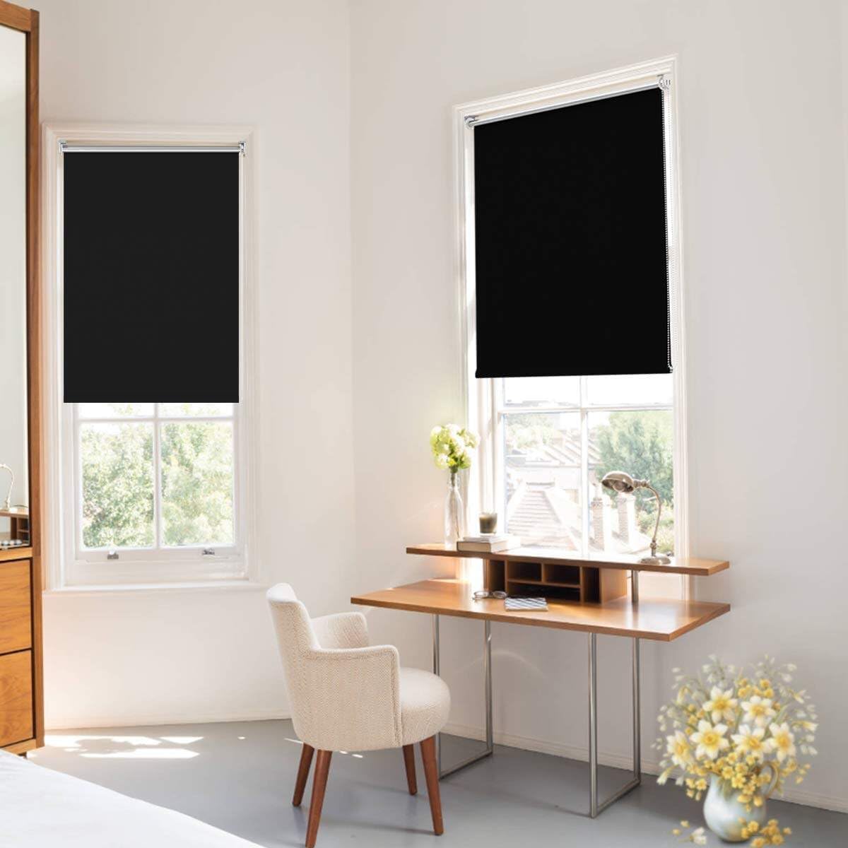 Magic blackout roller blind without & with drilling, clamp fix, black W105 x H130 cm (fabric width 100 cm), clamp roller thermal blind, indoor blind for sun protection and privacy, blinds for window & door.