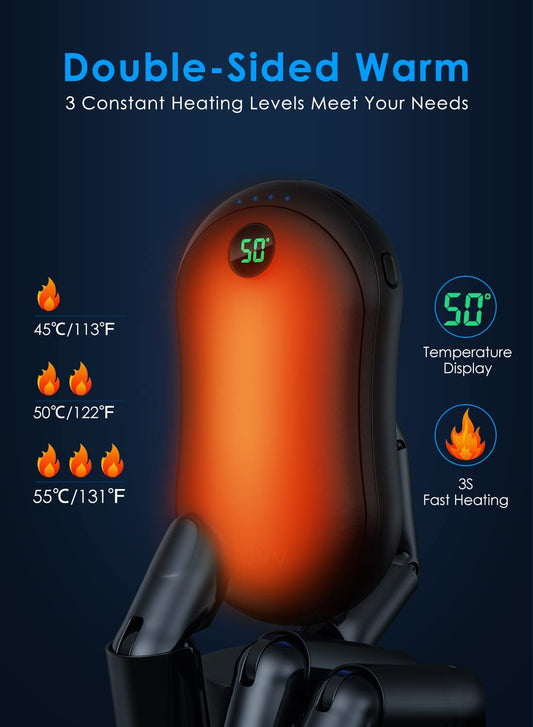 Rechargeable hand warmer with 10000mAh portable power bank, digital electric hand warmer with 3 heat levels. Great winter gift for women, men, families, and outdoor sports.