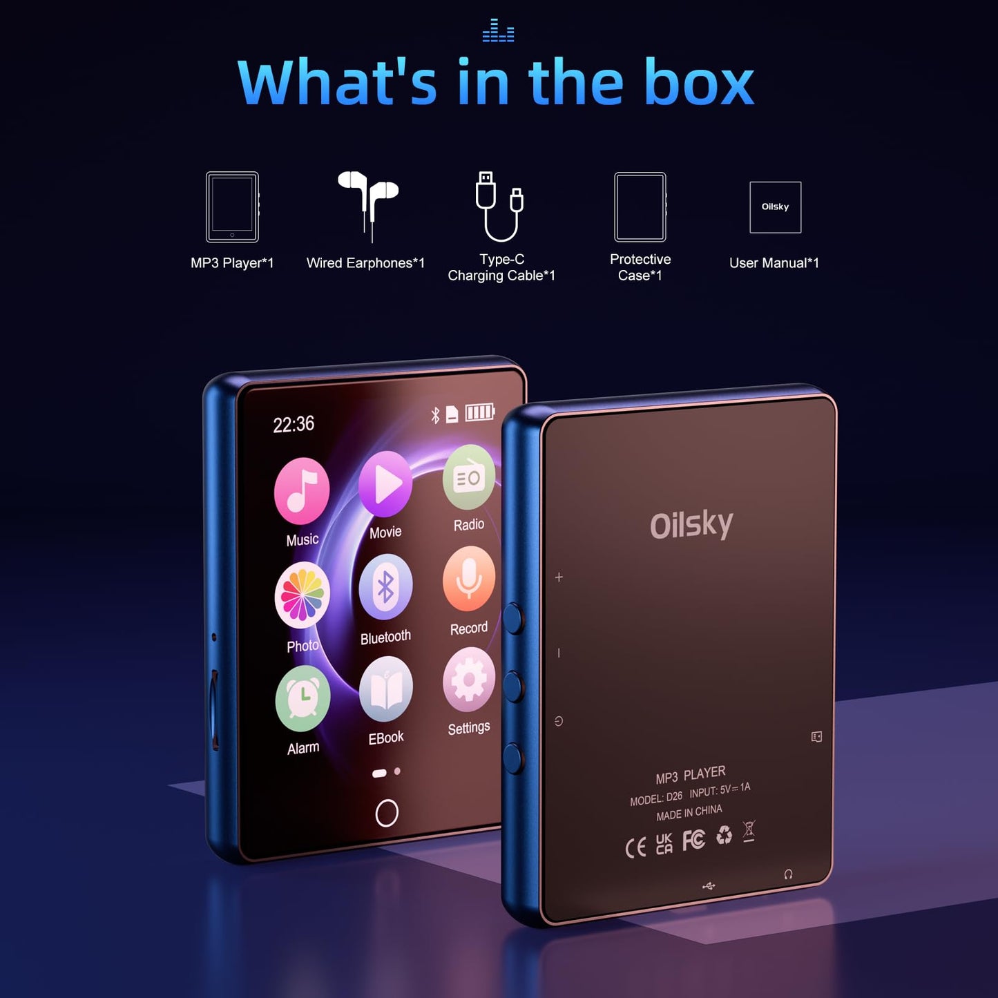 64GB MP3 Player Bluetooth 5.0, Oilsky Kids MP3 Player with Headphones, 2.8" Touchscreen Music Player with Speaker, Portable MP3 Digital Audio Player with FM Radio, E-Book (Black)