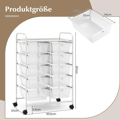 COSTWAY rolling cart with 10 stackable drawers, drawers cart with metal frame and shelf, bathroom trolley storage cart for office, living room, 65.5 x 37 x 87 cm.
