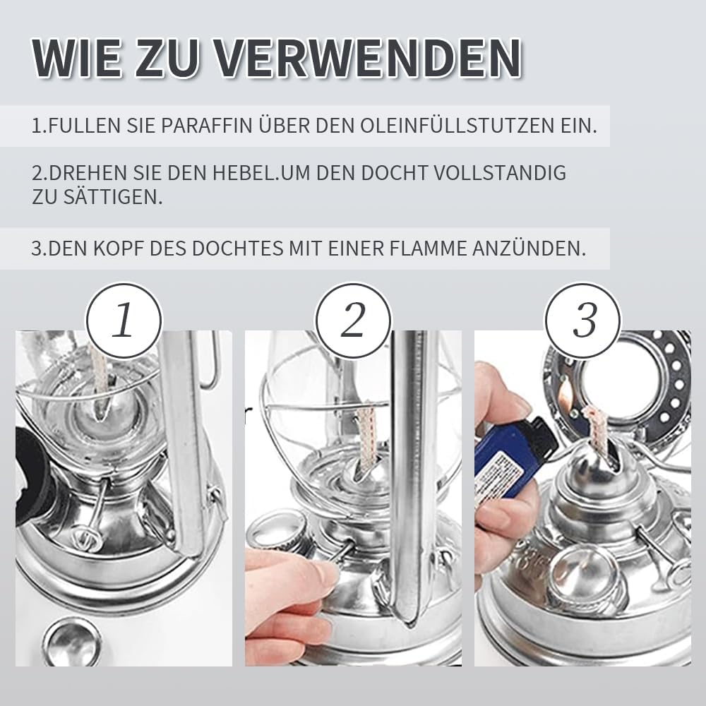 Outdoor kerosene lamp, retro storm lantern, suitable for indoor use, home, garden, camping, 25cm (silver)