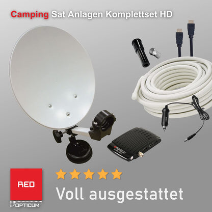 RED OPTICUM Camping Satellite Systems Complete Set HD I Mobile Satellite System with Opticum AX 300 Mini V3 Satellite Receiver - Single LNB - Camping Case Set - HDMI Cable and more. I complete Camping Satellite System
