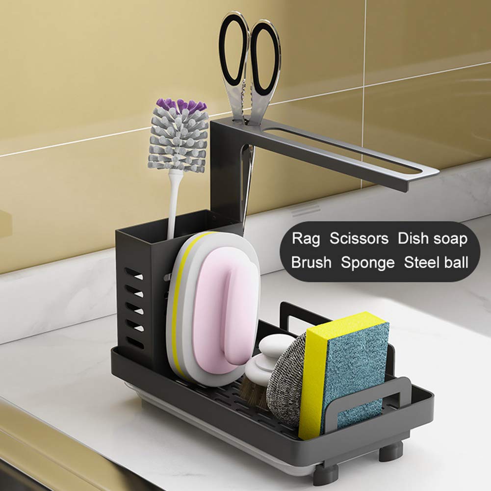 Shunfaji Sink Organizer Stainless Steel Utensil Basket for Kitchen & Bathroom with Drain Pan, Adhesive Countertop Dual-Use Sponge Brush Soap Dish Holder