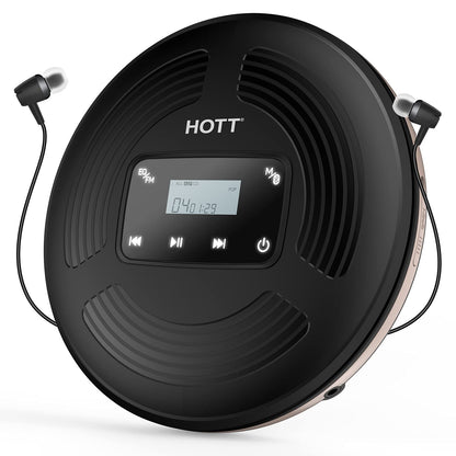 HOTT CD903TF portable rechargeable CD Player with Bluetooth and FM transmitter, suitable for travel, home, and car use. Includes stereo headset and anti-shock function. (black)