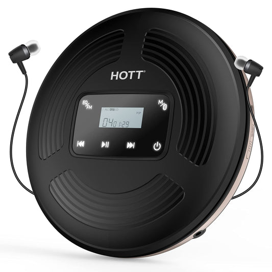 HOTT CD903TF portable rechargeable CD Player with Bluetooth and FM transmitter, suitable for travel, home, and car use. Includes stereo headset and anti-shock function. (black)