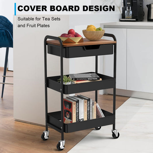 Shrivee 3-Tier Kitchen Cart with Table and Drawer, Utility Cart, Metal Utility Rolling Cart, Shelf Cart for Office Salon, Multi-Purpose Cosmetic, Serving Cart for Kitchen, Bathroom, Office (Black)