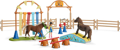 Farm World Pony Agility Starter Set 42481 includes 2 ponies, girl, course & accessories. Combine & kid-friendly designed. Farm toy for kids 3+ years. 41 pieces.