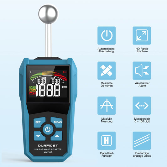 Moisture meter, DURFICST moisture gauge with color LCD and audible alarm, suitable for all building materials, wood, walls, plaster, masonry, 20-40 mm analysis depth.