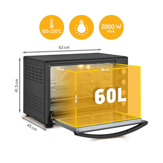 TZS First Austria - Mini Oven 60L 2000W - Mini Oven Pizza Oven Temperature control up to 230°C & 6 modes - Spacious mini oven with 60 Min. Timer, 4 rack heights, baking tray, grill rack & rotisserie