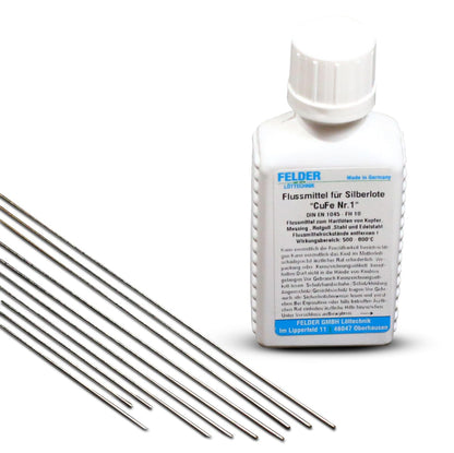 10 silver solder 1mm with flux 50ml for hard soldering. Silver hard solder with 55% silver content L-Ag55Sn. Silver solder rods 500mm long.
