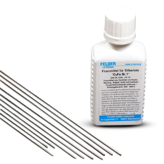 10 silver solder 1mm with flux 50ml for hard soldering. Silver hard solder with 55% silver content L-Ag55Sn. Silver solder rods 500mm long.