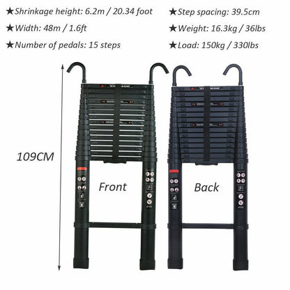 6.2m/20.34ft telescoping ladder with detachable roof hooks Multi-purpose folding black ladder, aluminum high telescoping ladder extension Foldable ladder, 330lb capacity, EN131 certified