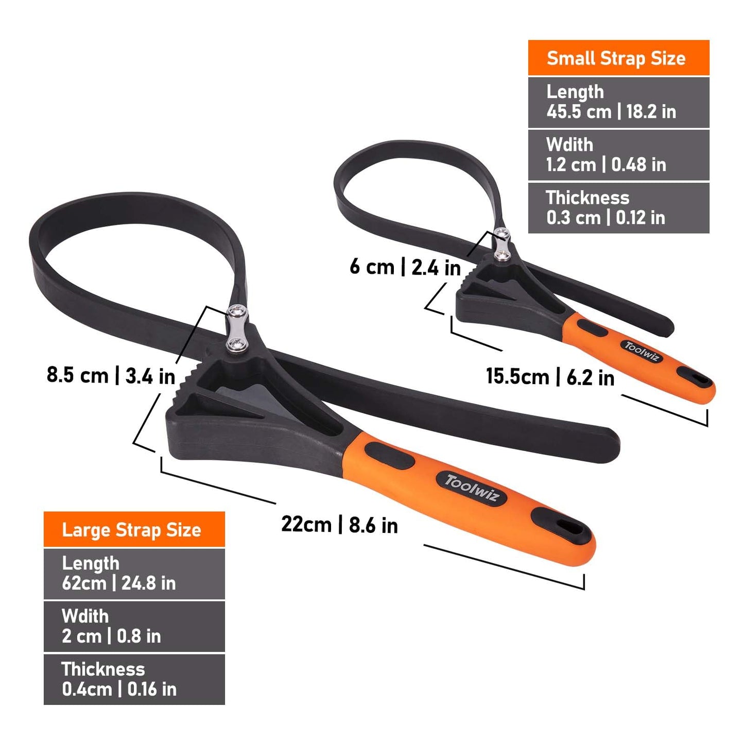 Toolwiz band wrench set, 2-piece oil filter wrench set, universal rubber band wrench for glass opening, pipe wrench, plumbing - Orange