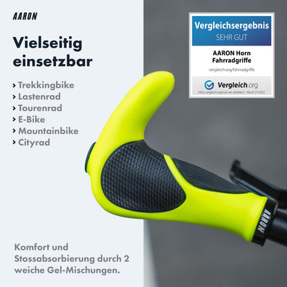 AARON Horn - grip handles with gel damping - ergonomic handlebars made of non-slip rubber - bike grips for e-bike, trekking bike, mountain bike, touring bike in yellow.