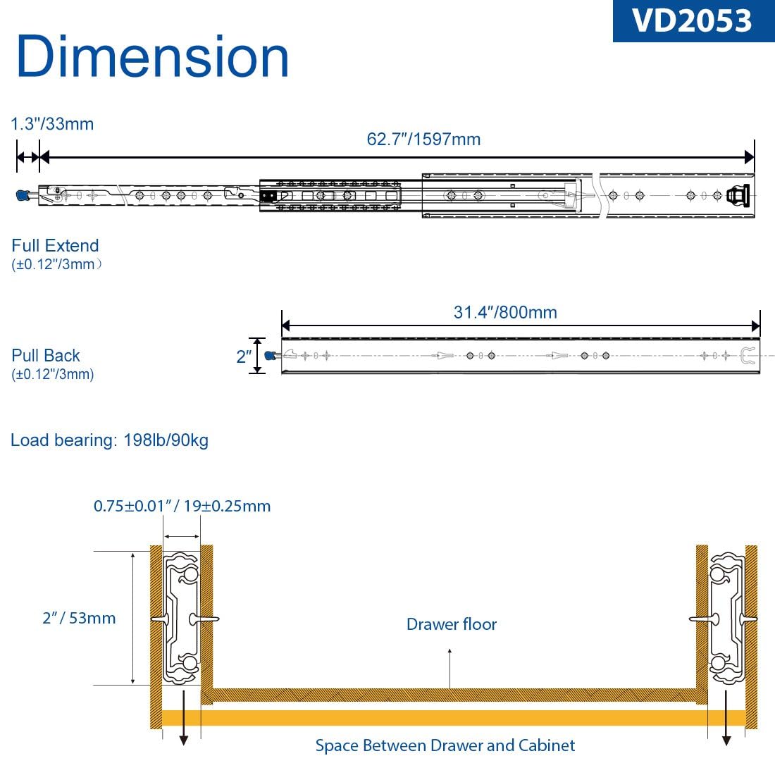 VADANIA drawer slides with lock 800mm, 71kg load capacity Heavy duty full extension ball bearing Side mount #VD2053, 1 pair