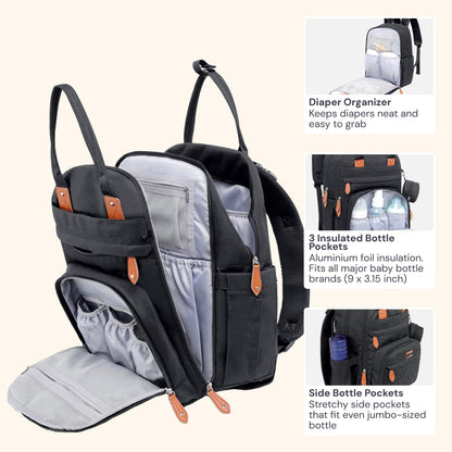 BabbleRoo Diaper Bag Backpack - Large Capacity, 17 Pockets, Water Resistant - with Changing Pad, Removable Pacifier Holder, Stroller Straps - Travel Backpack for Mom & Dad