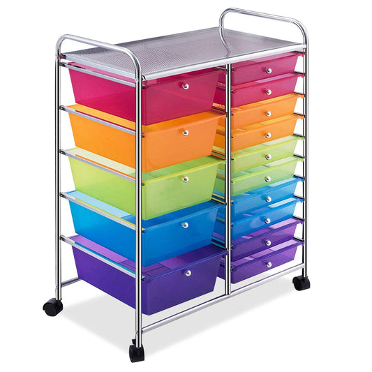 GOPLUS rolling cart with 15 stackable drawers, color options, utility cart household trolley storage cart bathroom cart shelf cart (Colorful)
