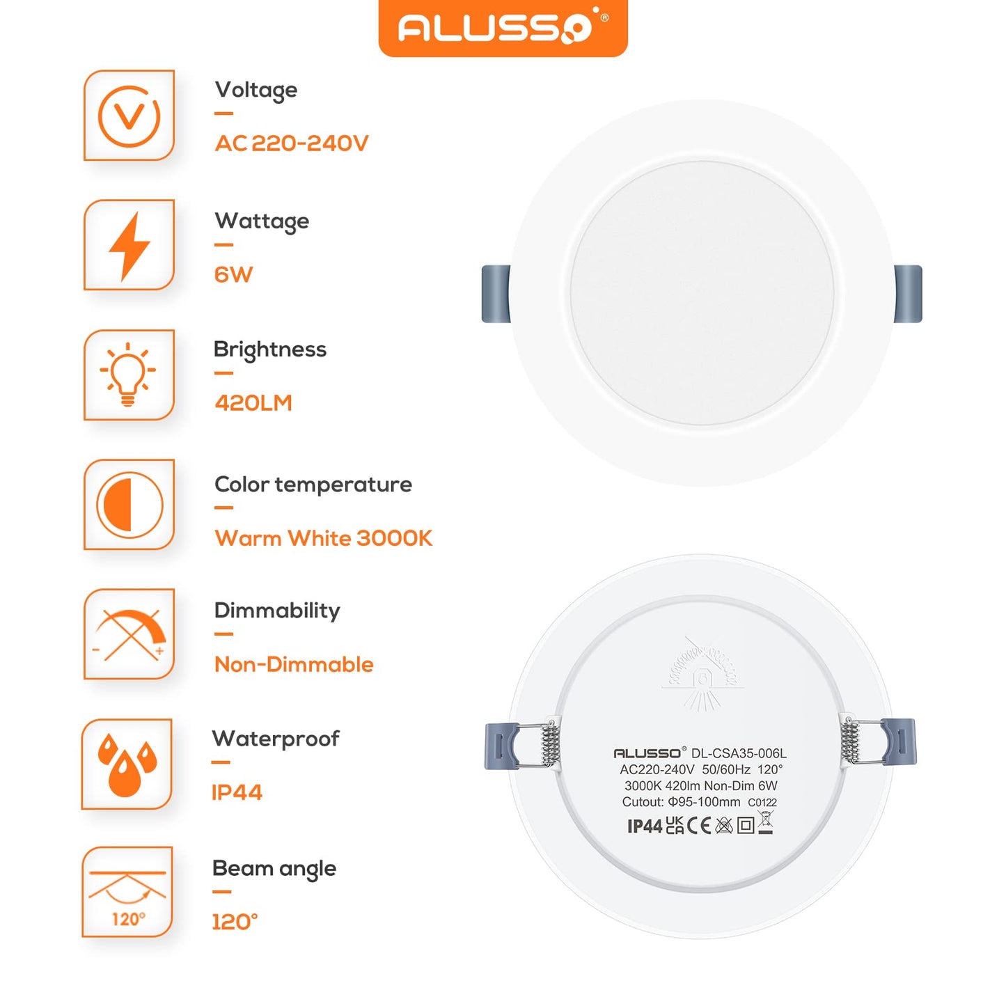 ALUSSO® LED Recessed Spotlight 230V Ultra Flat 6W 420LM LED Bathroom Spots, 3000K Warm White Ceiling Spots IP44 Recessed Lights for Living Room Kitchen, Diameter 118MM, Cutout 95-100MM, Set of 12