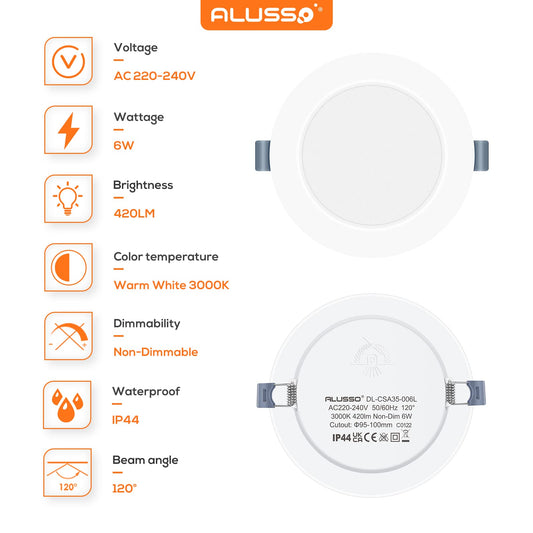 ALUSSO® LED Recessed Spotlight 230V Ultra Flat 6W 420LM LED Bathroom Spots, 3000K Warm White Ceiling Spots IP44 Recessed Lights for Living Room Kitchen, Diameter 118MM, Cutout 95-100MM, Set of 12